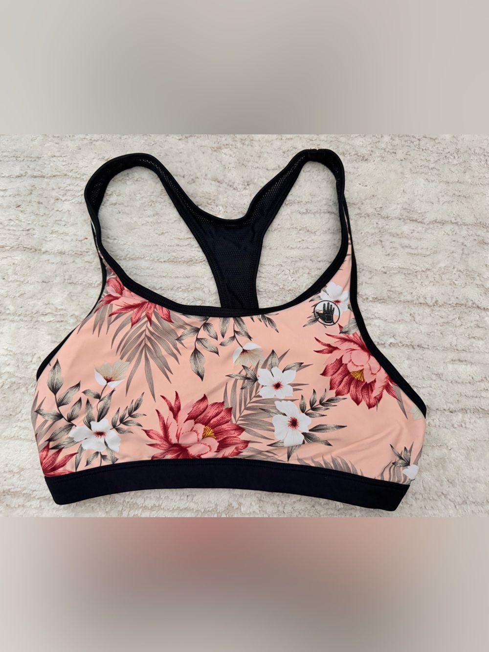 Body Glove Peach Floral Racerback Sports Bra with Black Trim